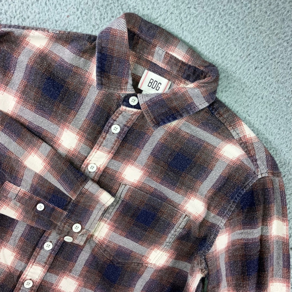 BDG Plaid Flannel Shirt Women M Raw Hem L/S Indie‎ Western Boho Retro Boxy Cabin
